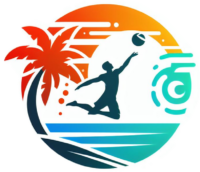 Beachvolleyball player logo with a reminder of the beach and the sea.